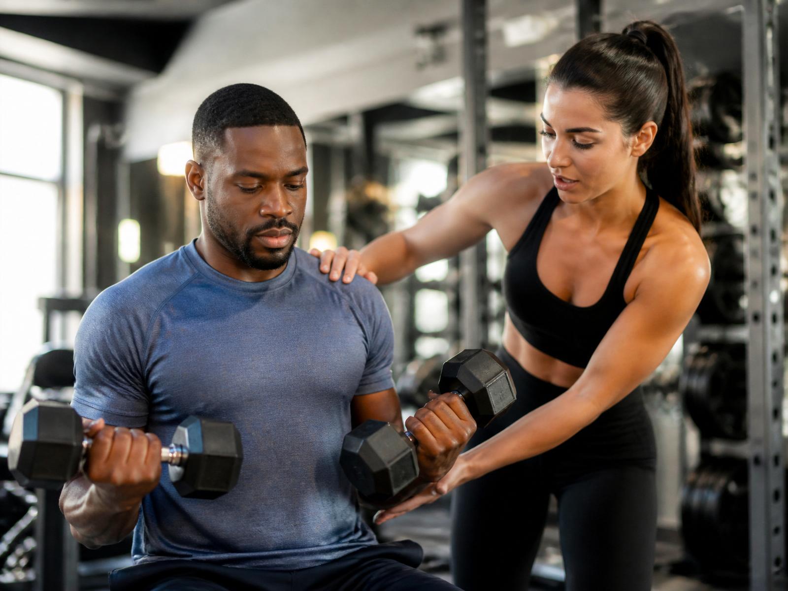 Certified coach guiding a client through a dumbbell workout in a modern gym